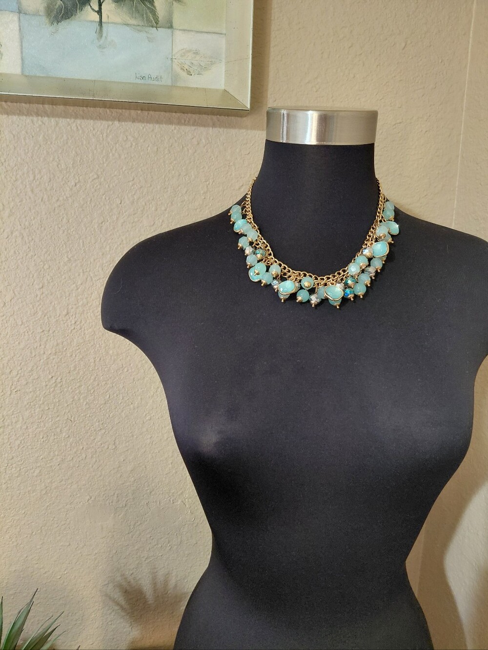 Gold Aqua Stone Bead Necklace